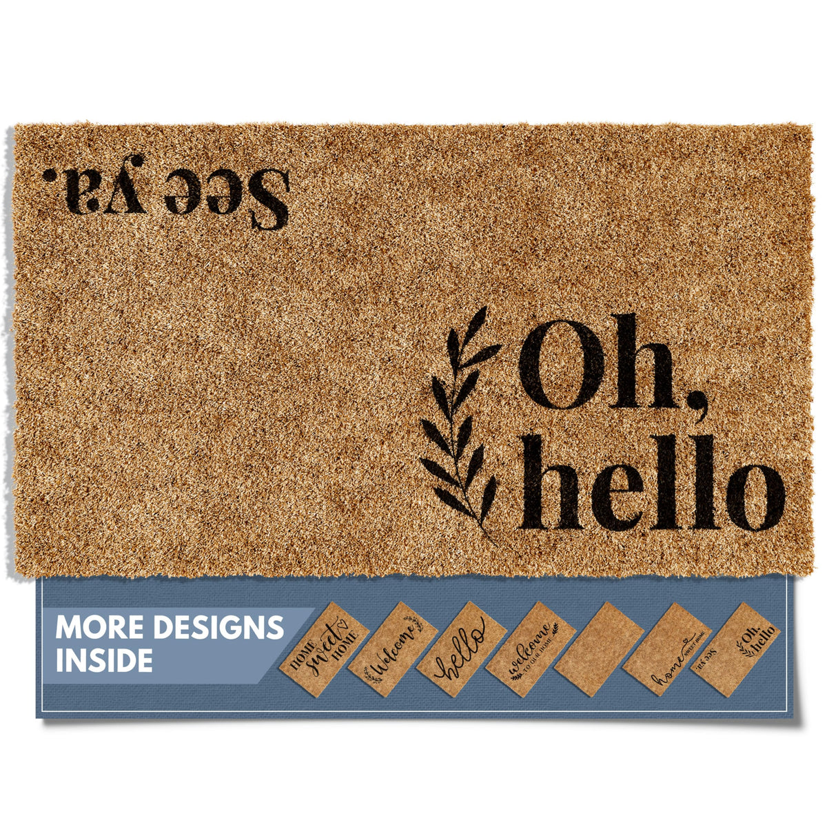 Barnyard Designs felpudo frente mostrando diseño "Oh Hello" y bienvenida clara