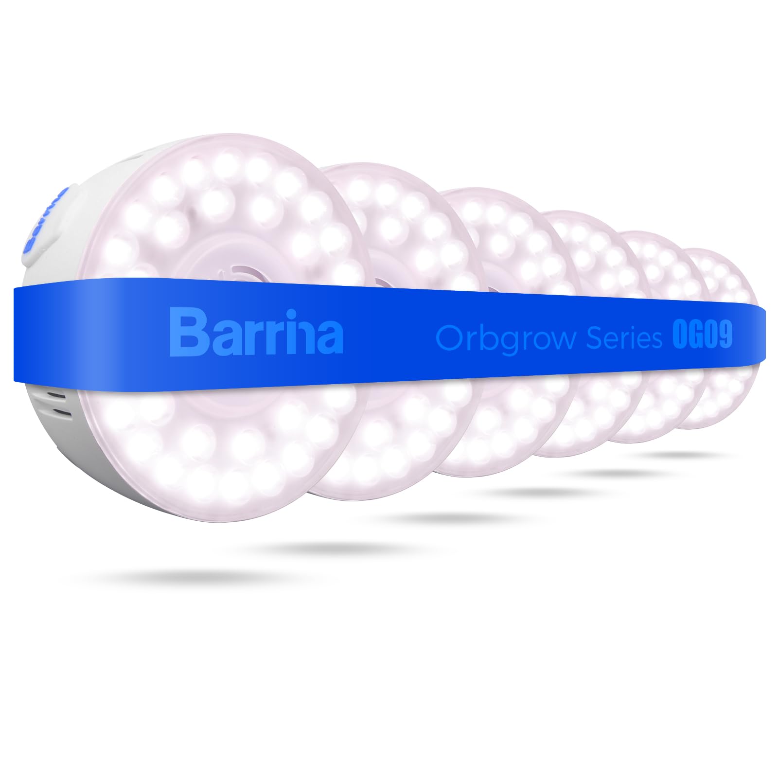 Barrina Orbgrow OG09 frontal pack mostrando seis unidades y beneficio de iluminación uniforme