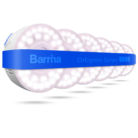 Barrina Orbgrow OG09 frontal pack mostrando seis unidades y beneficio de iluminación uniforme