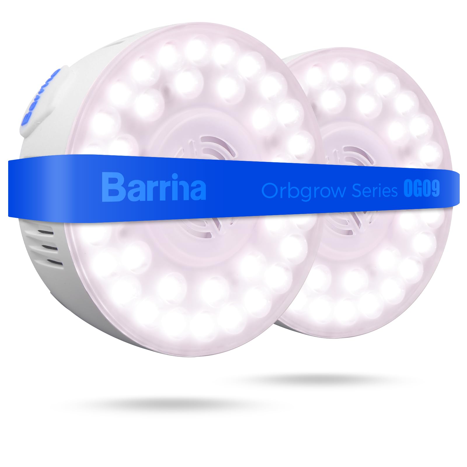 Barrina Orbgrow OG09 frontal mostrando diseño compacto y luz rosa-blanca útil