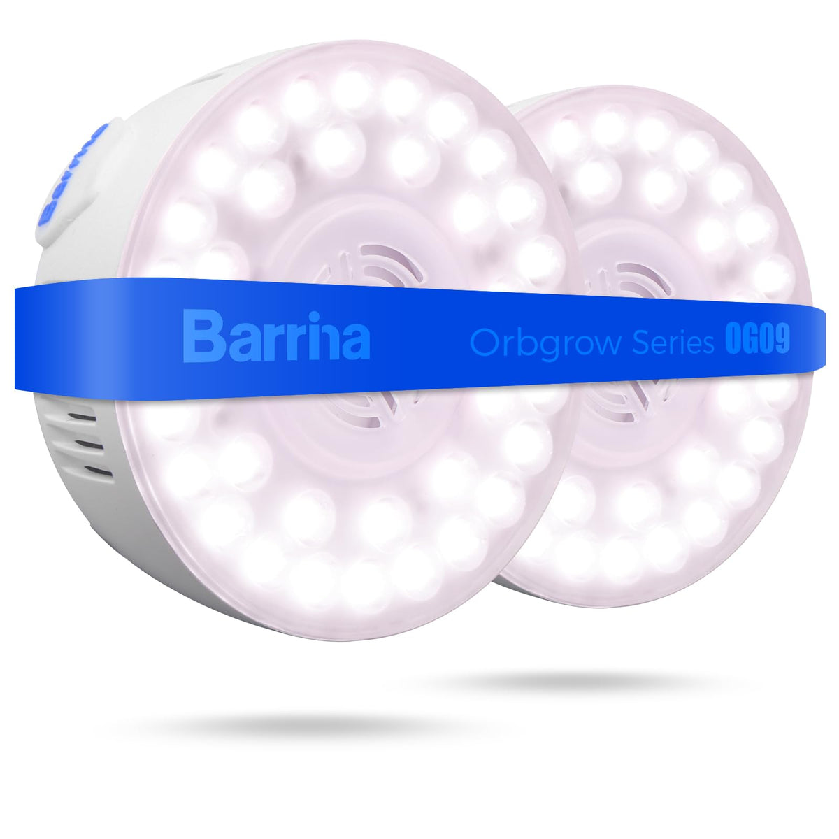 Barrina Orbgrow OG09 frontal mostrando diseño compacto y luz rosa-blanca útil