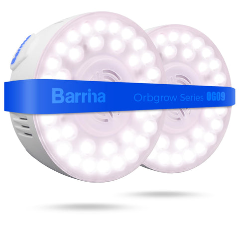Barrina Orbgrow OG09 frontal mostrando diseño compacto y luz rosa-blanca útil