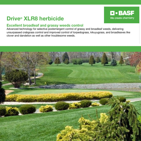 BASF Drive XLR8 etiqueta con quinclorac e instrucciones claras de mezcla