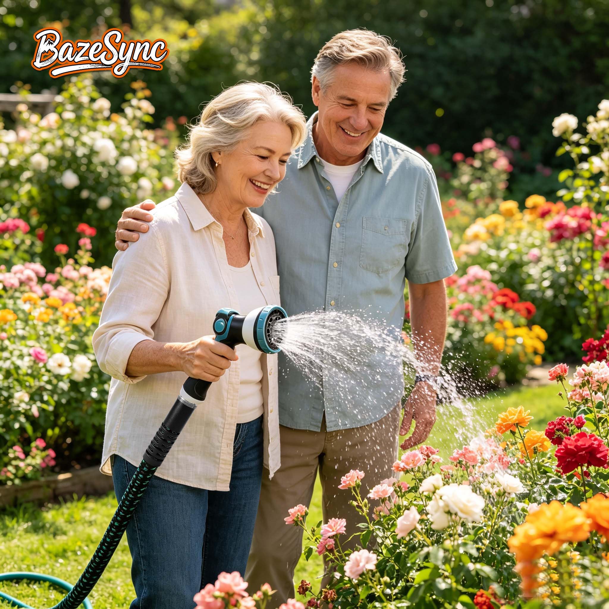 BazeSync escena de riego en jardín con plantas y césped, distribución uniforme