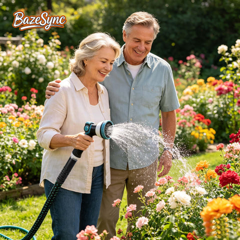 BazeSync escena de riego en jardín con plantas y césped, distribución uniforme