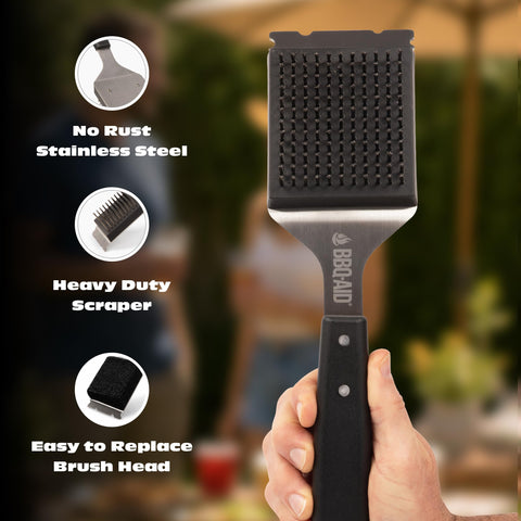 BBQ-Aid cerdas de acero inoxidable en primer plano que eliminan grasa pegada