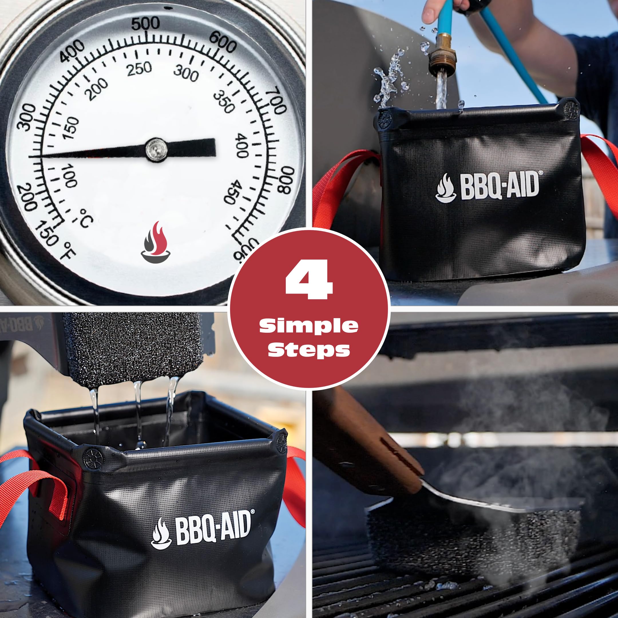 BBQ-Aid en uso sobre parrilla a gas limpiando el área de cocción
