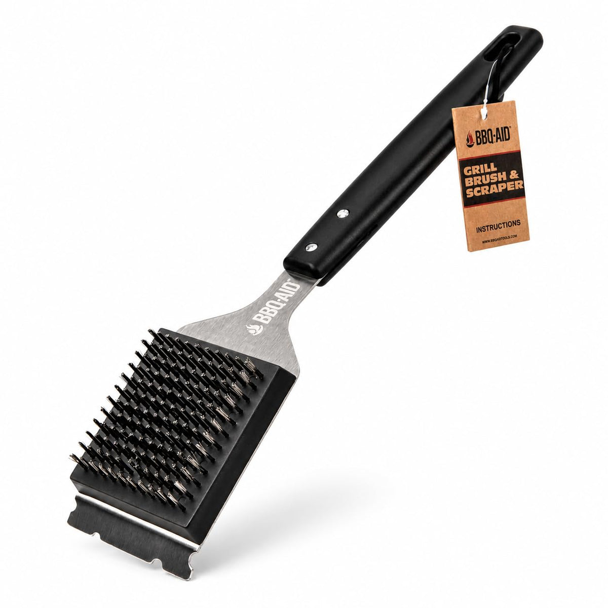 BBQ-Aid cepillo frontal mostrando mango negro y cabezal para limpieza efectiva