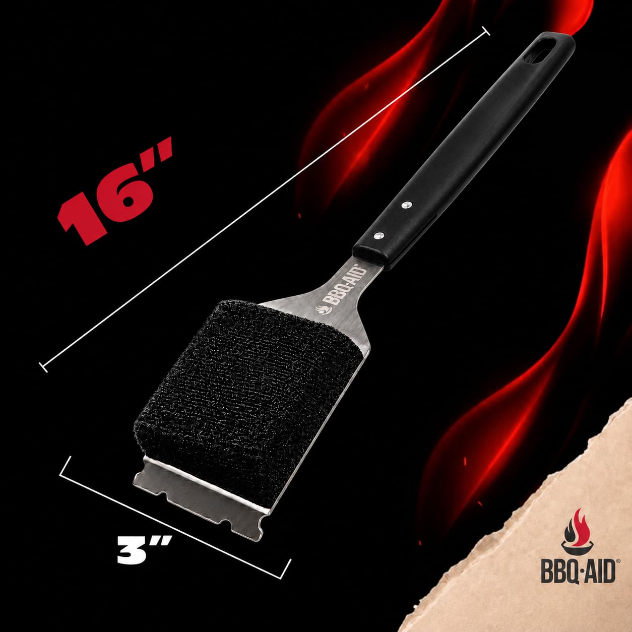 BBQ-Aid detalle de la almohadilla sin cerdas que frota profundamente sin dejar residuos
