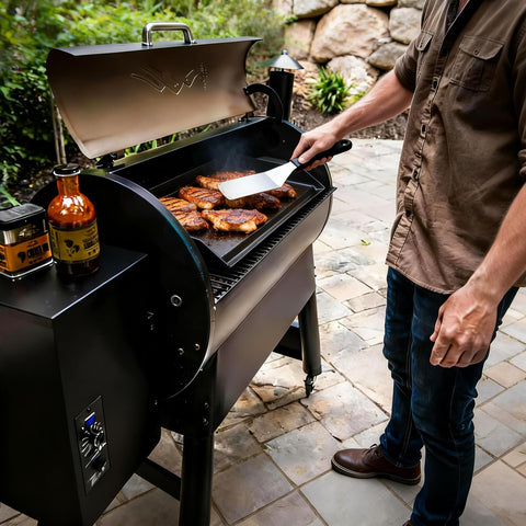 BBQ Future plancha colocada en parrilla de gas preparando comida