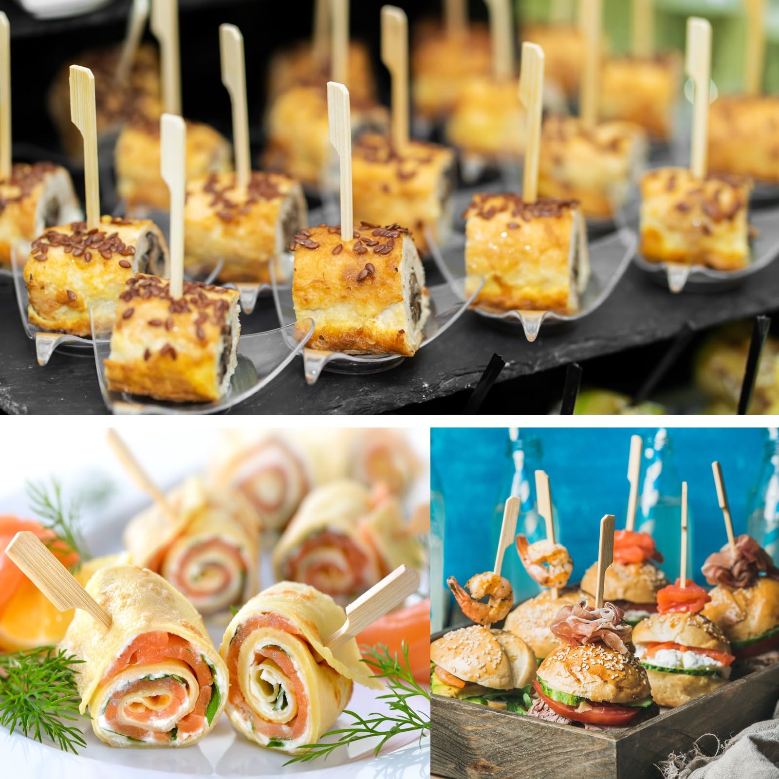 BBQStyle palillos insertados en canapés para presentación profesional