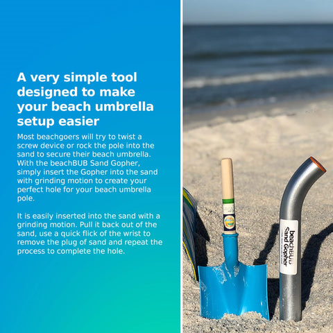 BEACHBUB herramienta en uso excavando arena que facilita fijar la sombrilla