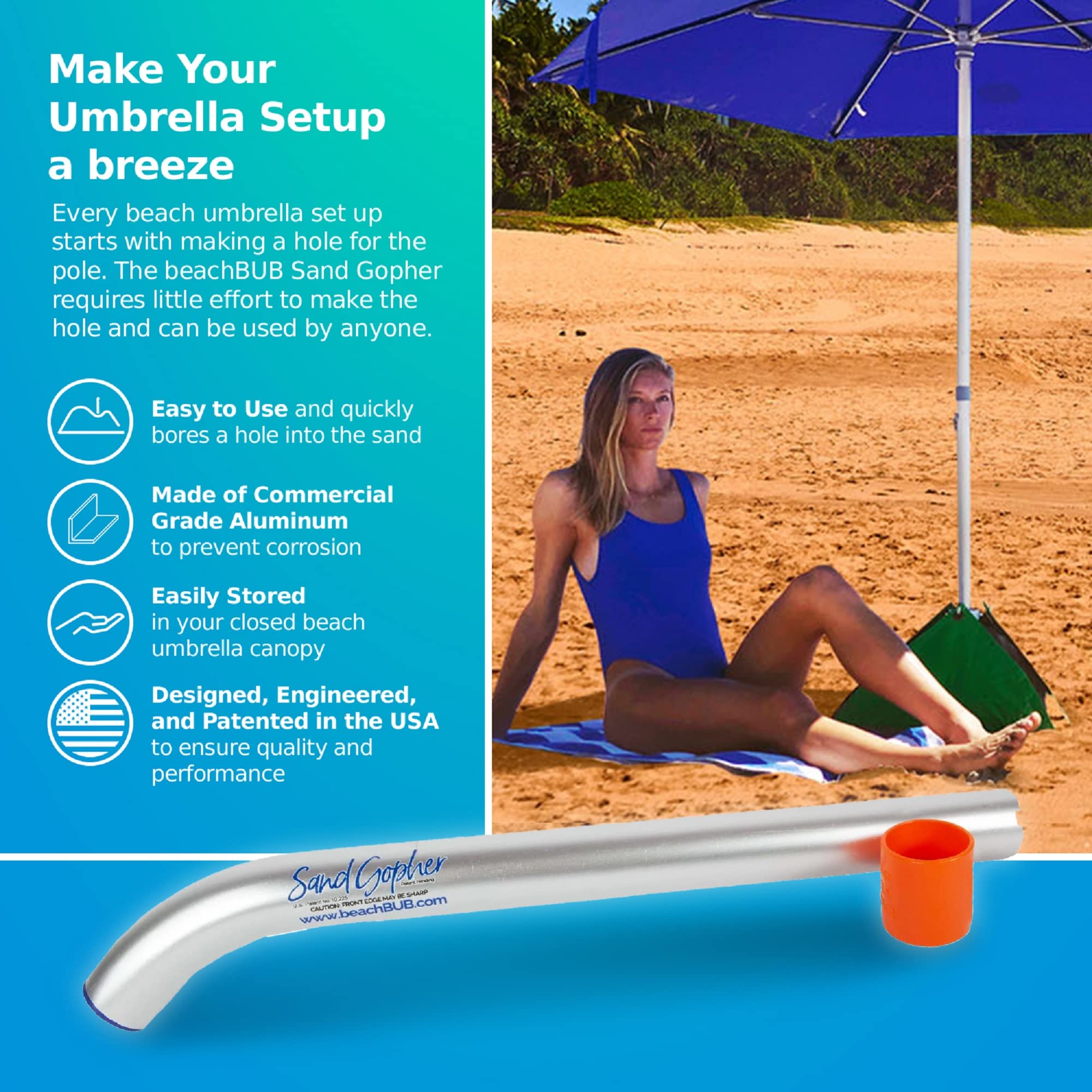 BEACHBUB comparación de tamaño junto a una sombrilla para visualizar ajuste