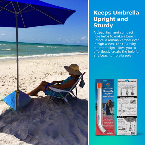 BEACHBUB familia usando la herramienta para mayor estabilidad de la sombrilla