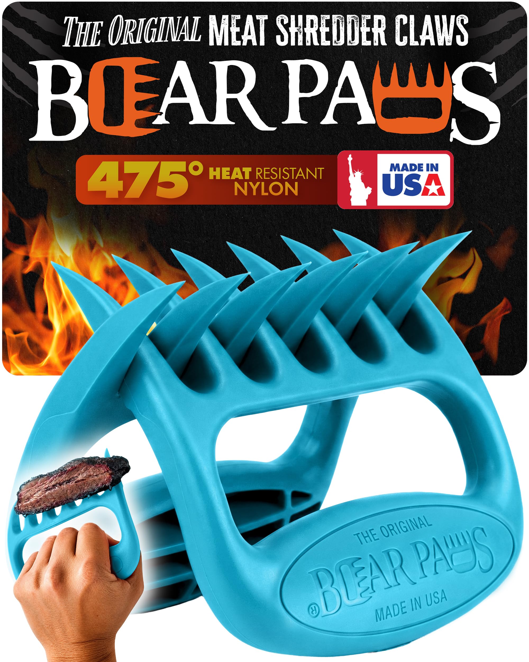 Bear Paws vista frontal del empaque teal con herramienta visible y beneficio rápido