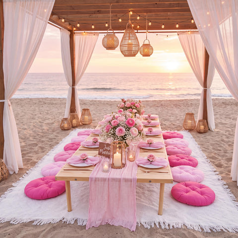 Beeveer camino de mesa extendido rosa decorando una mesa larga