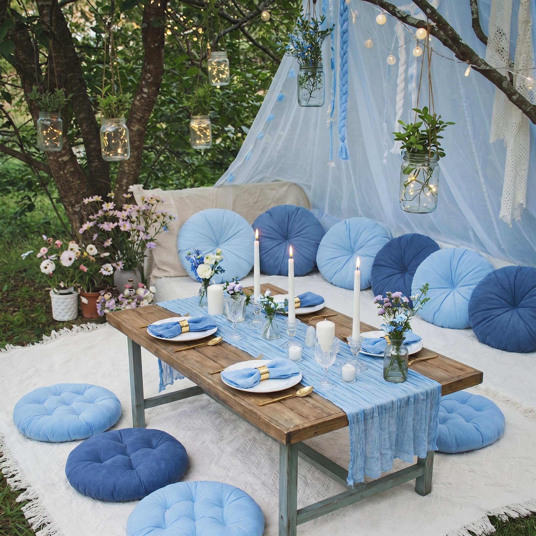 Beeveer mesa decorada en boda al aire libre demostrando conjunto coordinado
