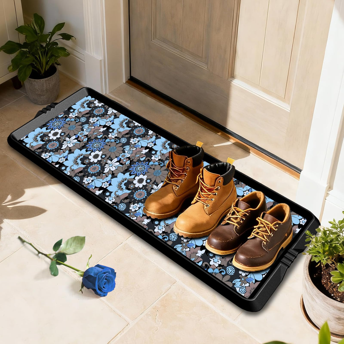 BEHERO vista frontal del tapete velvet bloom muestra protección organizada