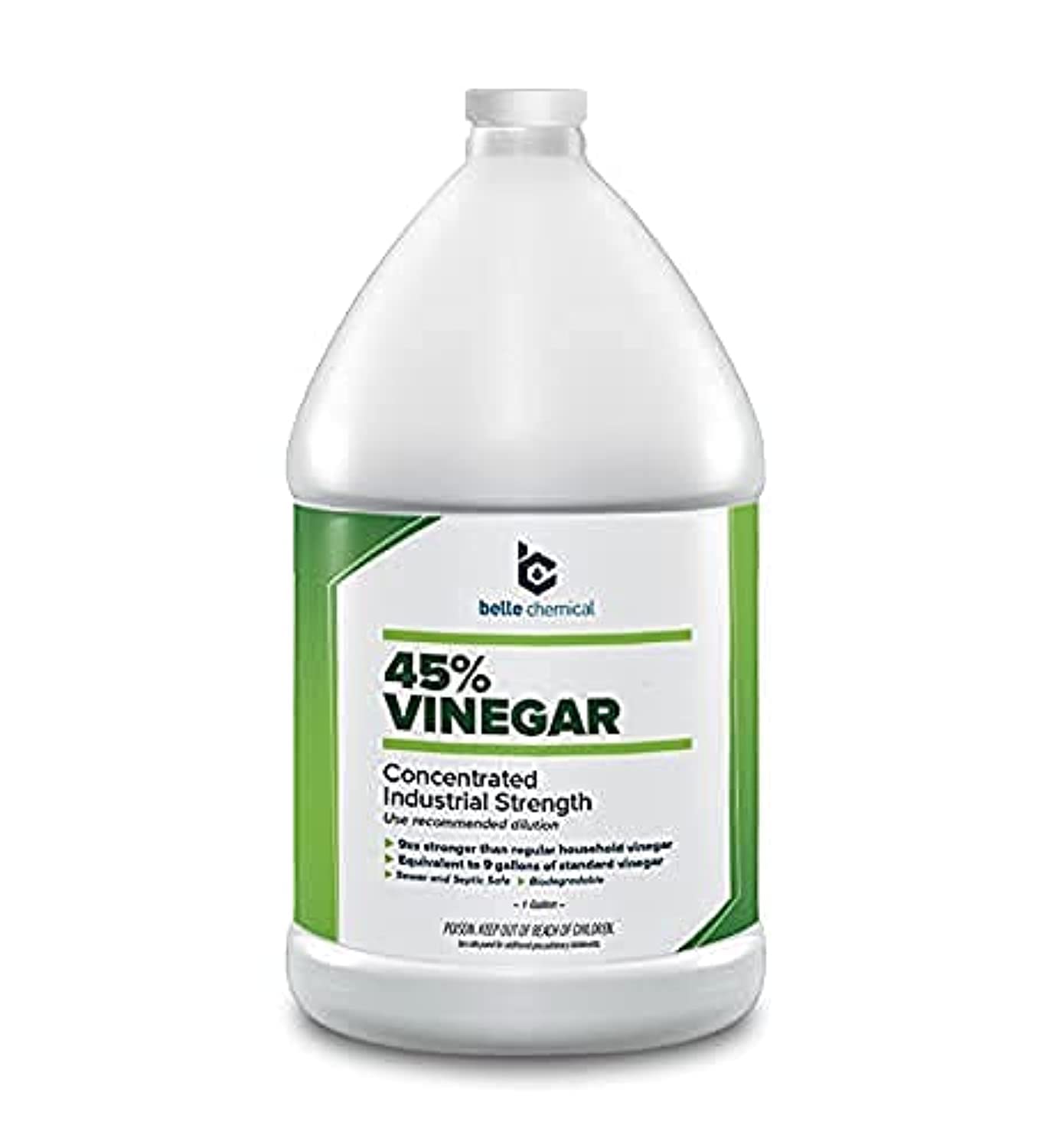 Belle Chemical envase frontal de 1 galón mostrando el vinagre 45% para uso industrial y profesional
