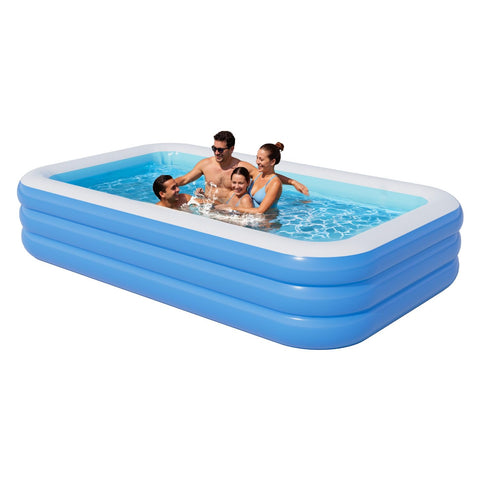 Benass vista frontal de la piscina inflable mostrando su tamaño y entrada rápida