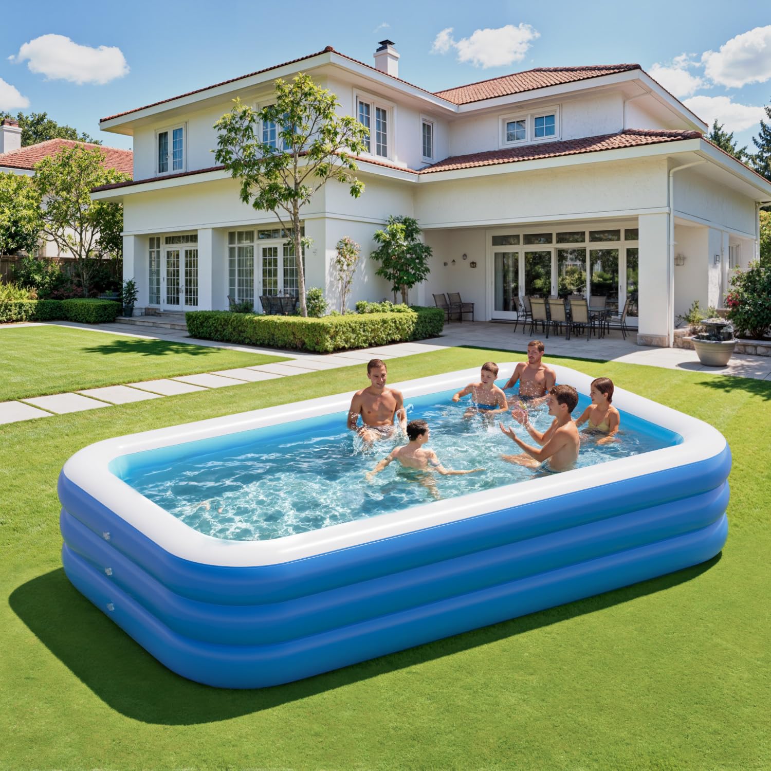 Benass piscina desinflada y plegada ocupando poco espacio para guardar fácilmente