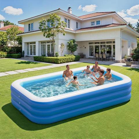 Benass piscina desinflada y plegada ocupando poco espacio para guardar fácilmente