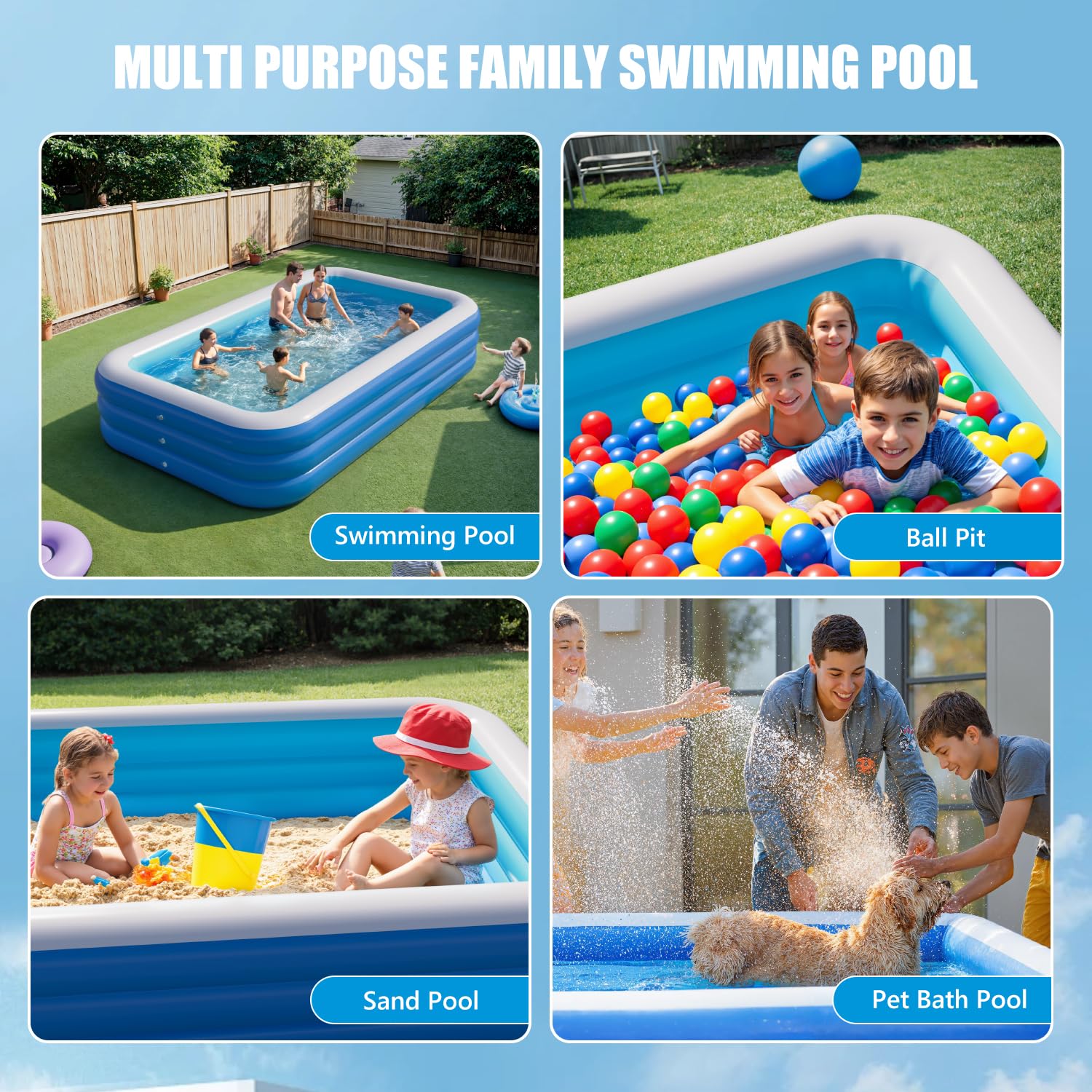 Benass familia usando la piscina para juegos y refrescarse en verano