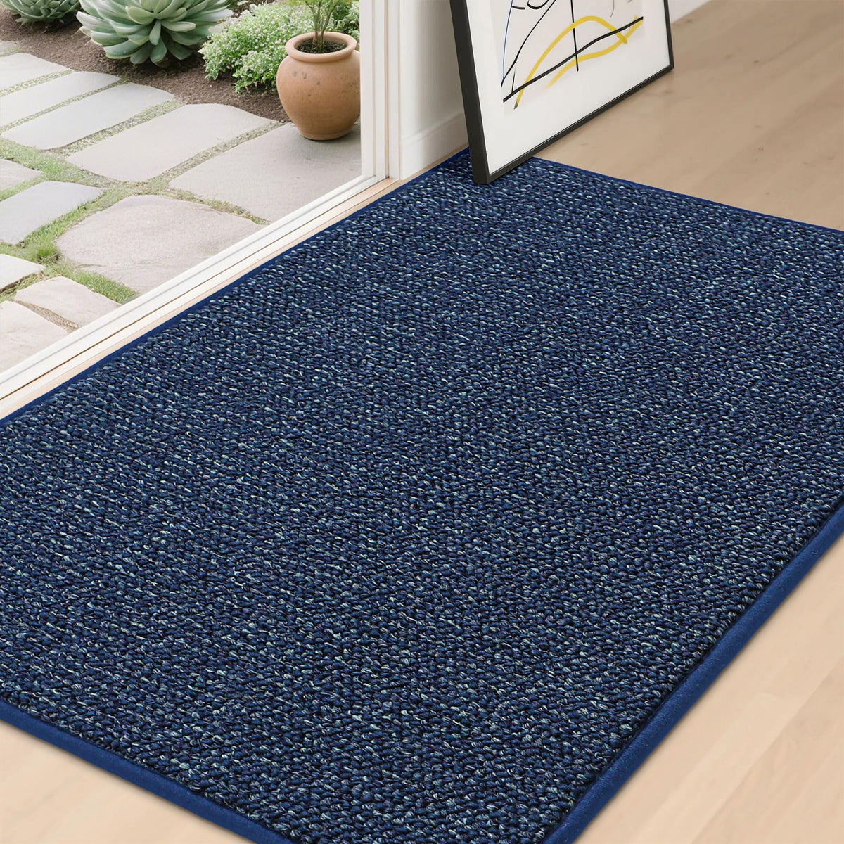 BEQHAUSE felpudo frontal 32x48 pulg mostrando diseño azul y bienvenida