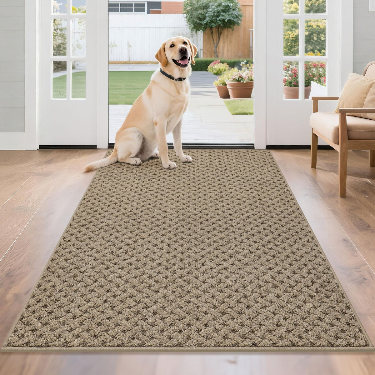BEQHAUSE felpudo frontal 36x60 beige mostrando cobertura amplia y diseño
