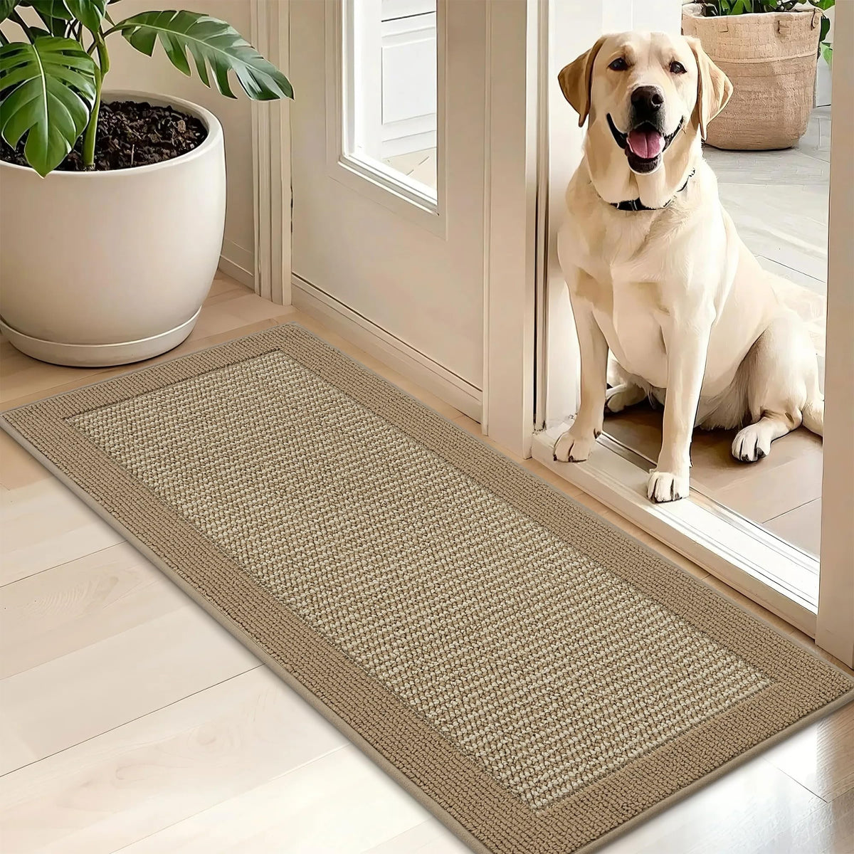 BEQHAUSE felpudo beige vista frontal mostrando su diseño y función