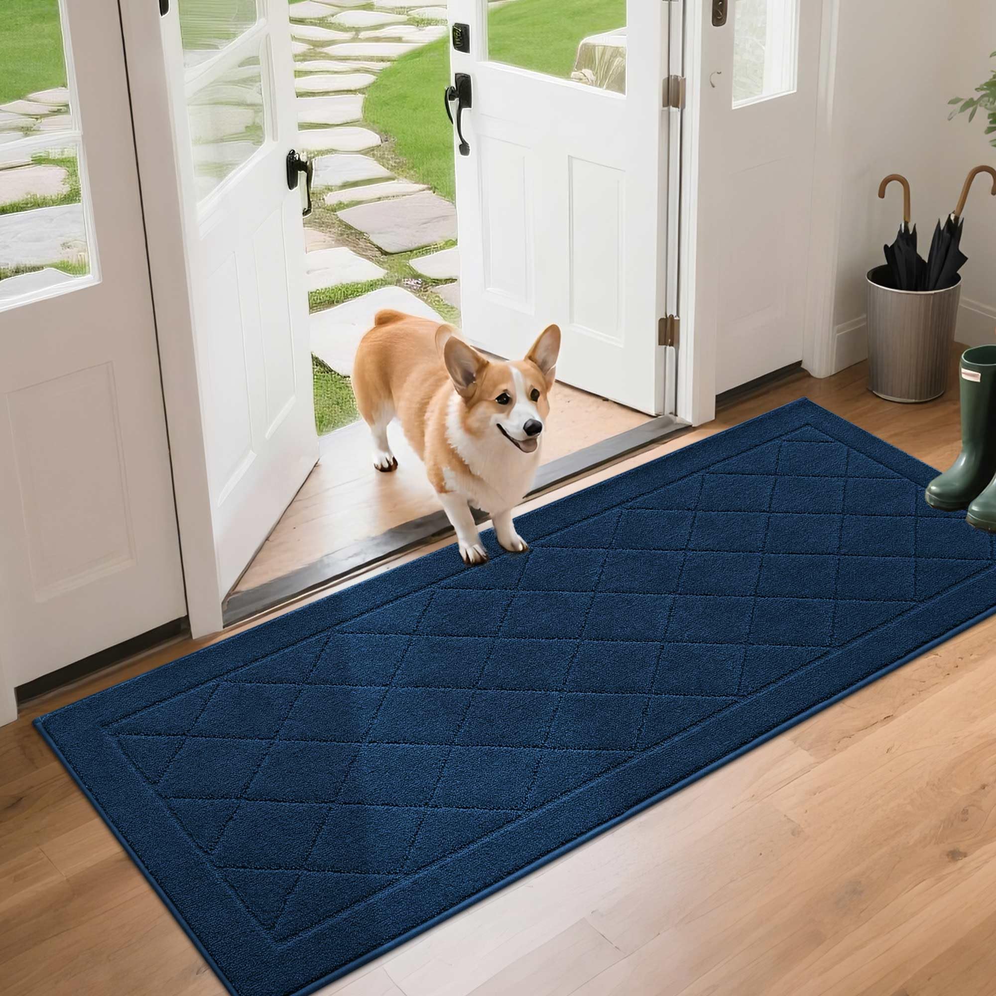 BEQHAUSE felpudo frontal 24x60 pulg mostrando diseño azul marino y protección