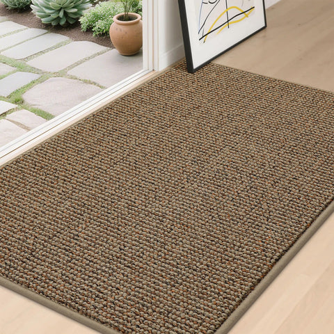 BEQHAUSE felpudo frontal 32x48 pulg mostrando diseño y beneficio de captura de suciedad