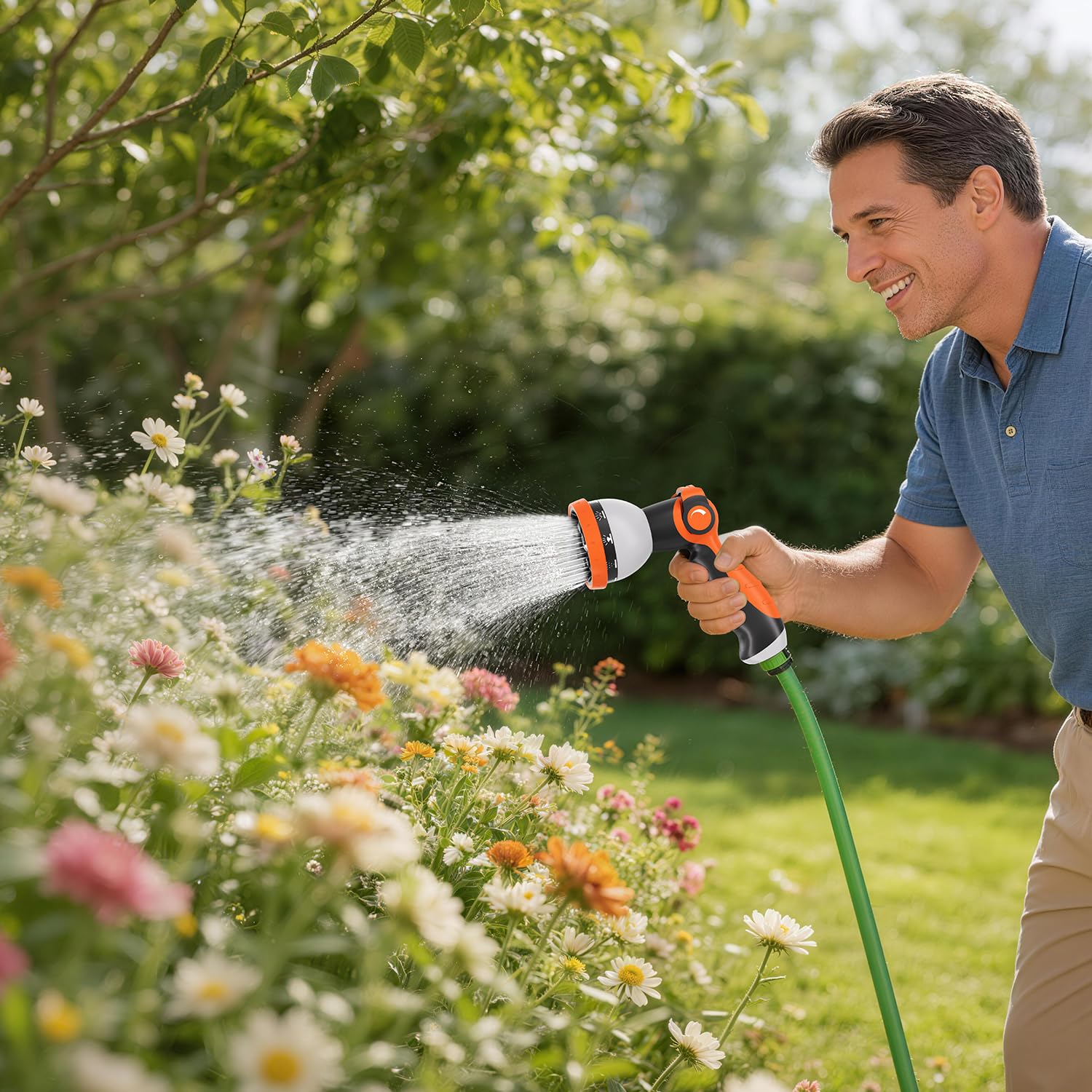 Besiter en jardín regando plantas mostrando uso cotidiano práctico