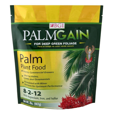 BGI Fertilizers PalmGain bolsa frontal mostrando nutrientes para hojas más verdes