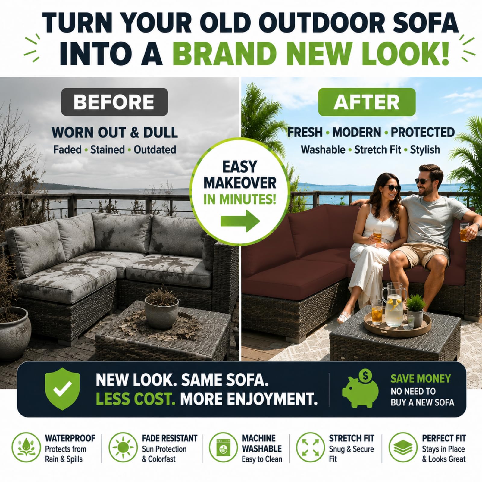 BIETYONE funda colocada en sofá de patio demostrando renovación estética