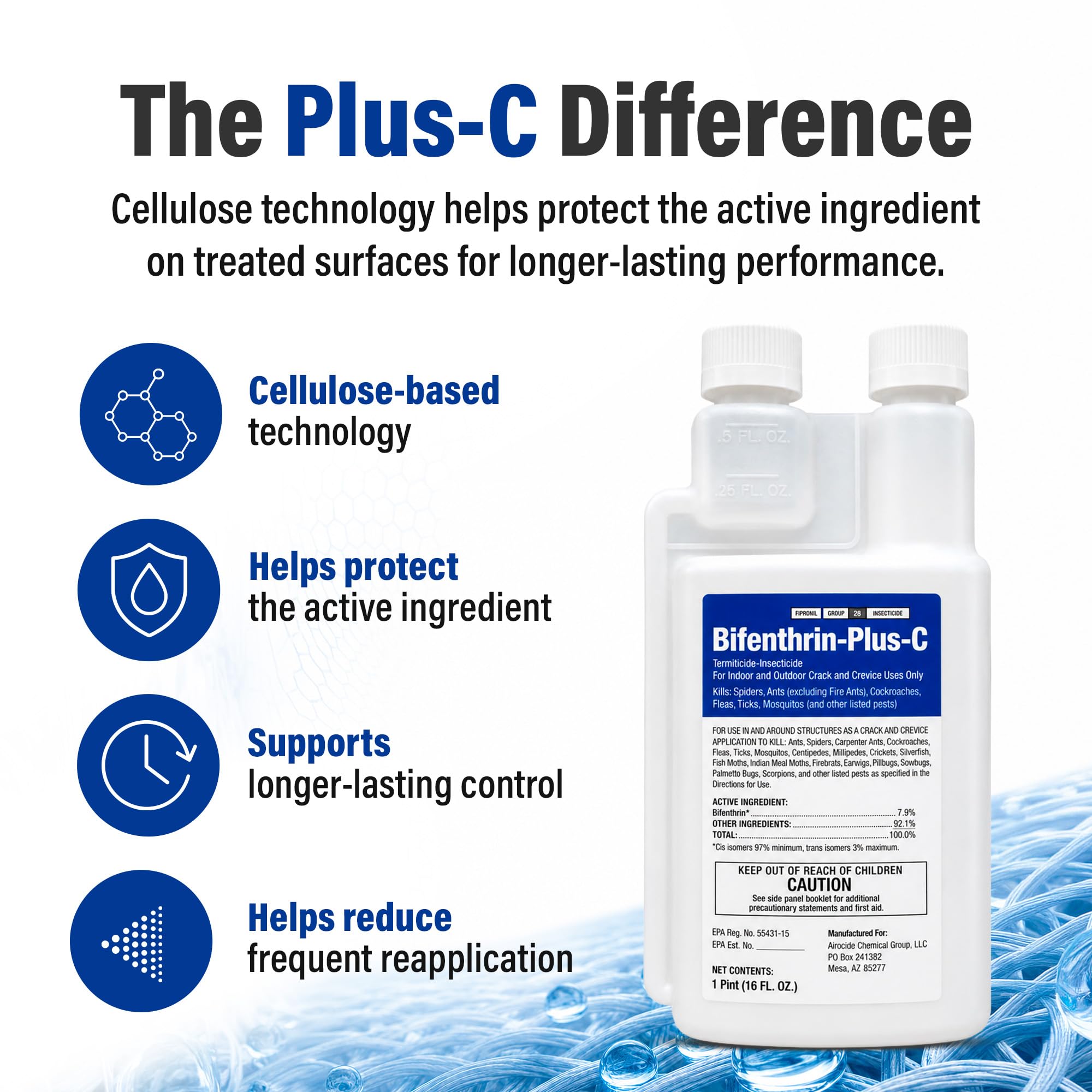 Bifenthrin Plus-C botella 16 oz junto a regla para comparar tamaño y rendimiento