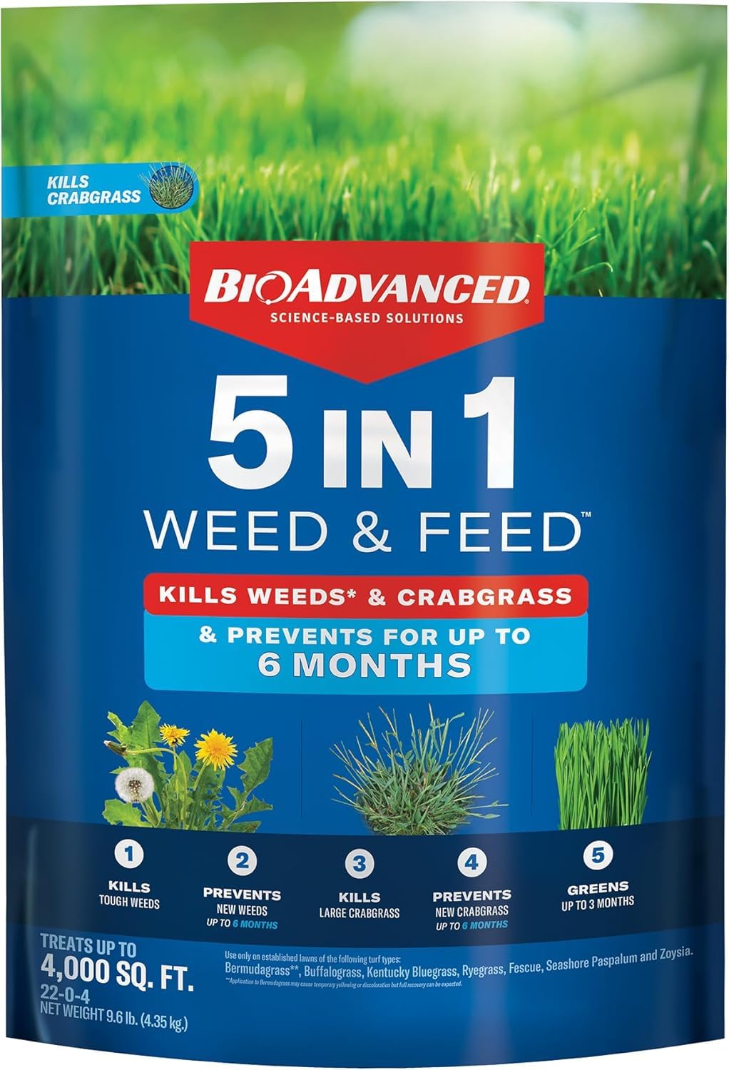 BioAdvanced frente del saco mostrando el producto y beneficio de control de malezas