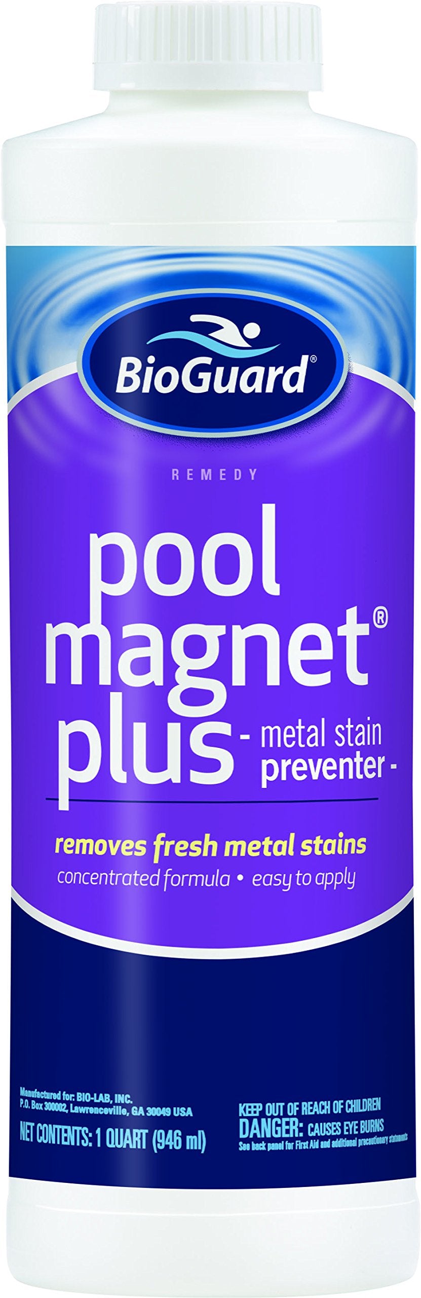 BioGuard frasco Pool Magnet Plus frente del empaque mostrando etiqueta y beneficio antimancha
