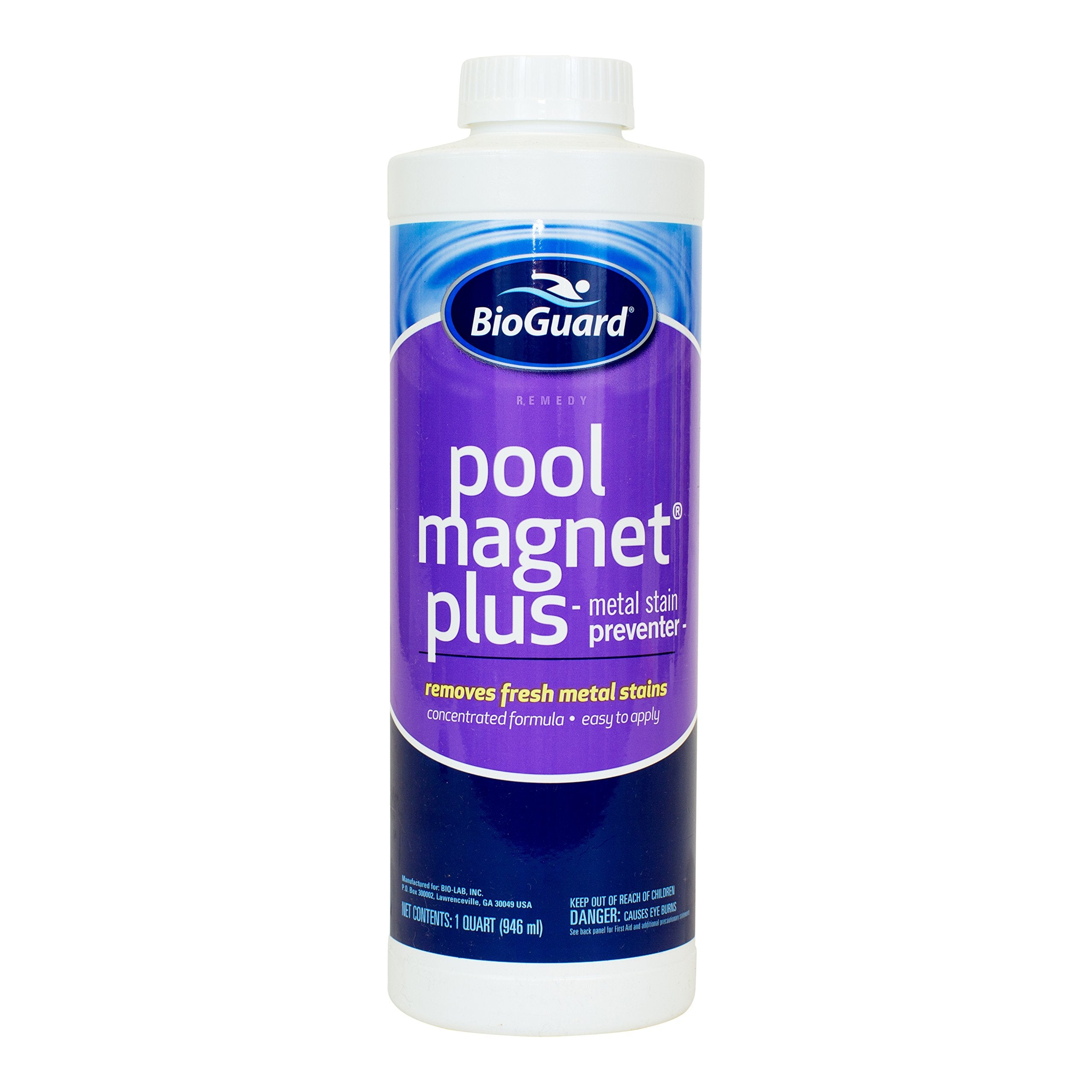 BioGuard botella frontal del producto, previene manchas y mantiene agua clara