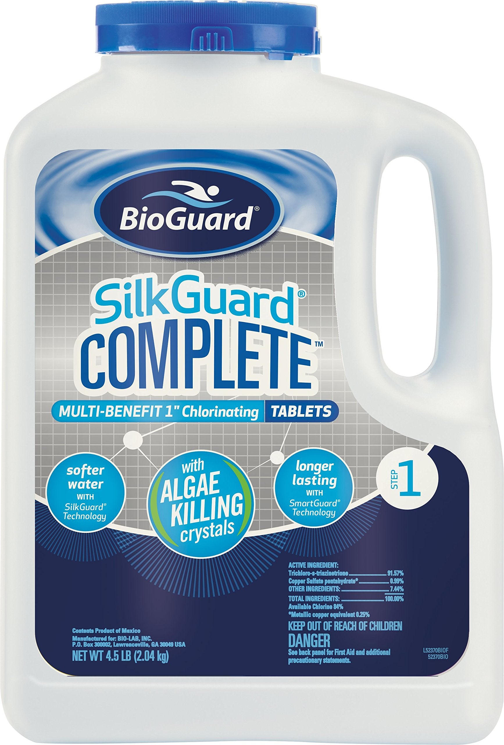 BioGuard envase frontal mostrando el saco de 4.5 lb con tabletas de cloro
