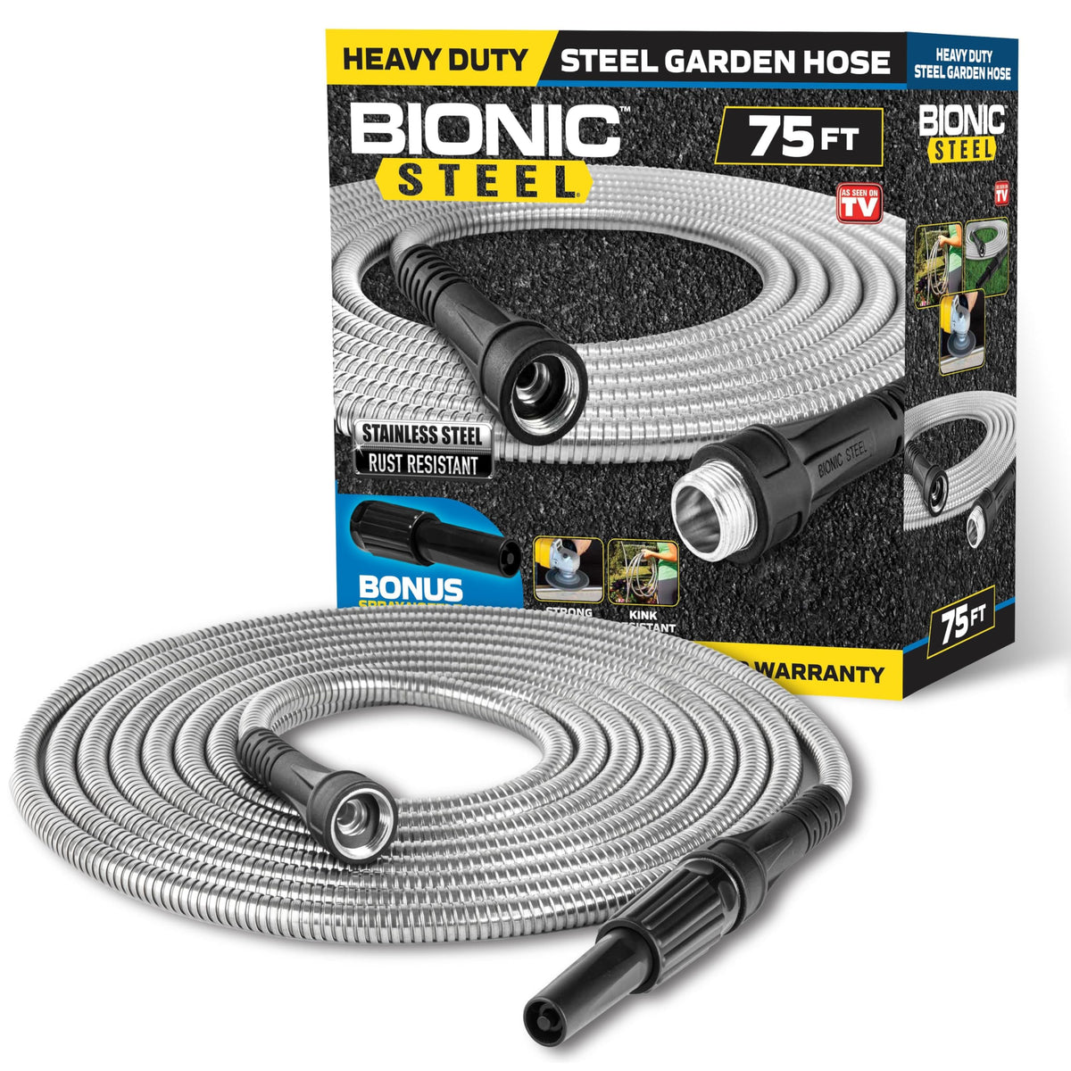 BIONIC STEEL frontal mostrando la manguera enrollada y fácil almacenamiento