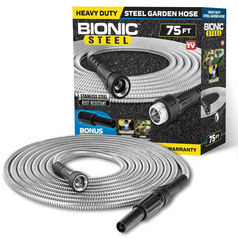BIONIC STEEL frontal mostrando la manguera enrollada y fácil almacenamiento