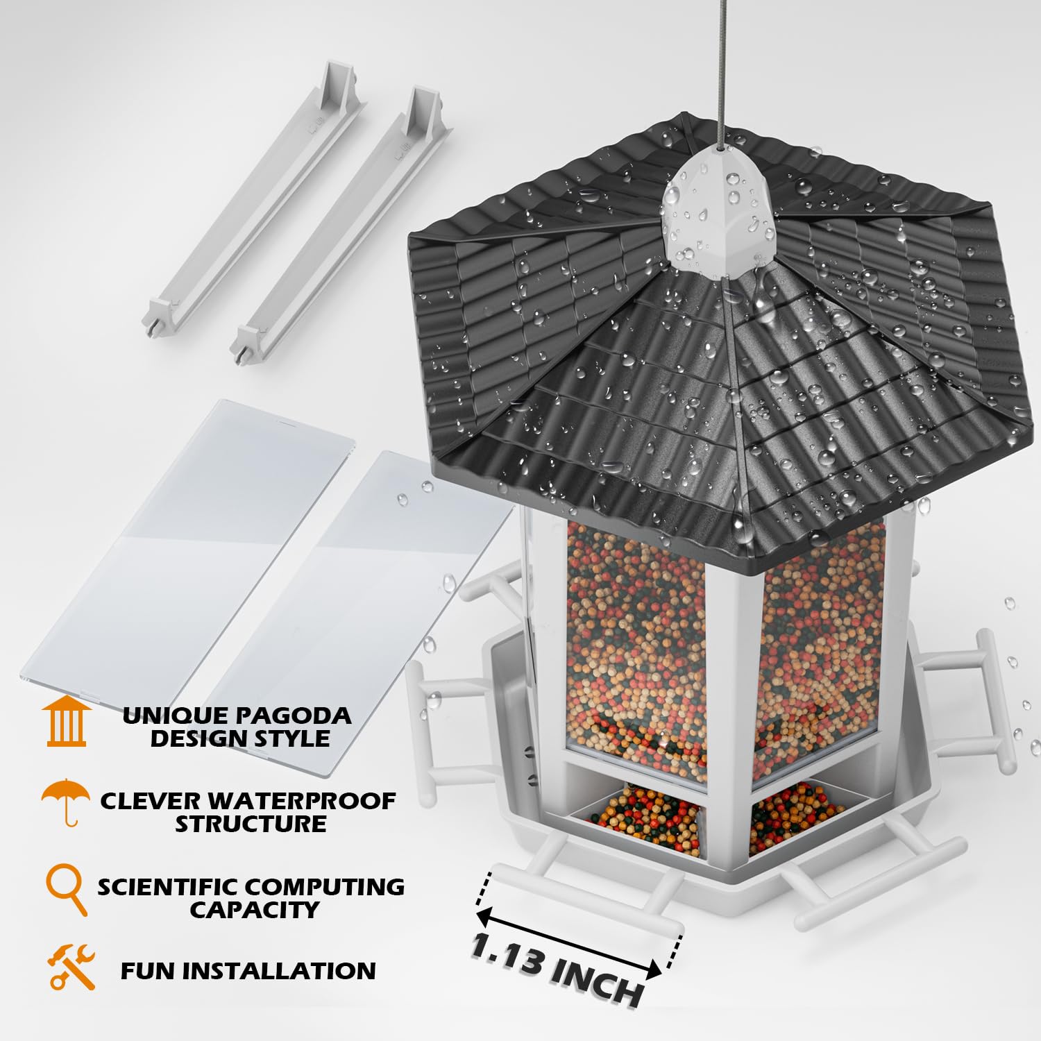 Birdream interior con semillas mostrando capacidad y facilidad de rellenado