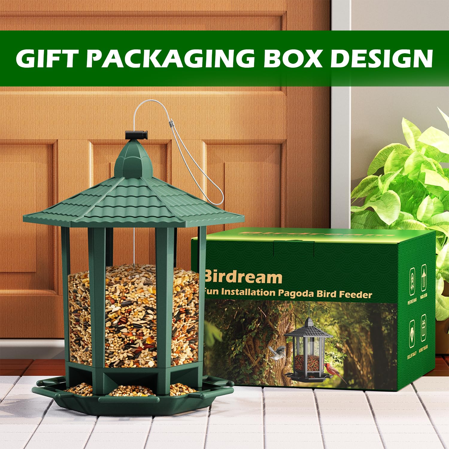 Birdream comedero junto a objeto para comparar tamaño práctico