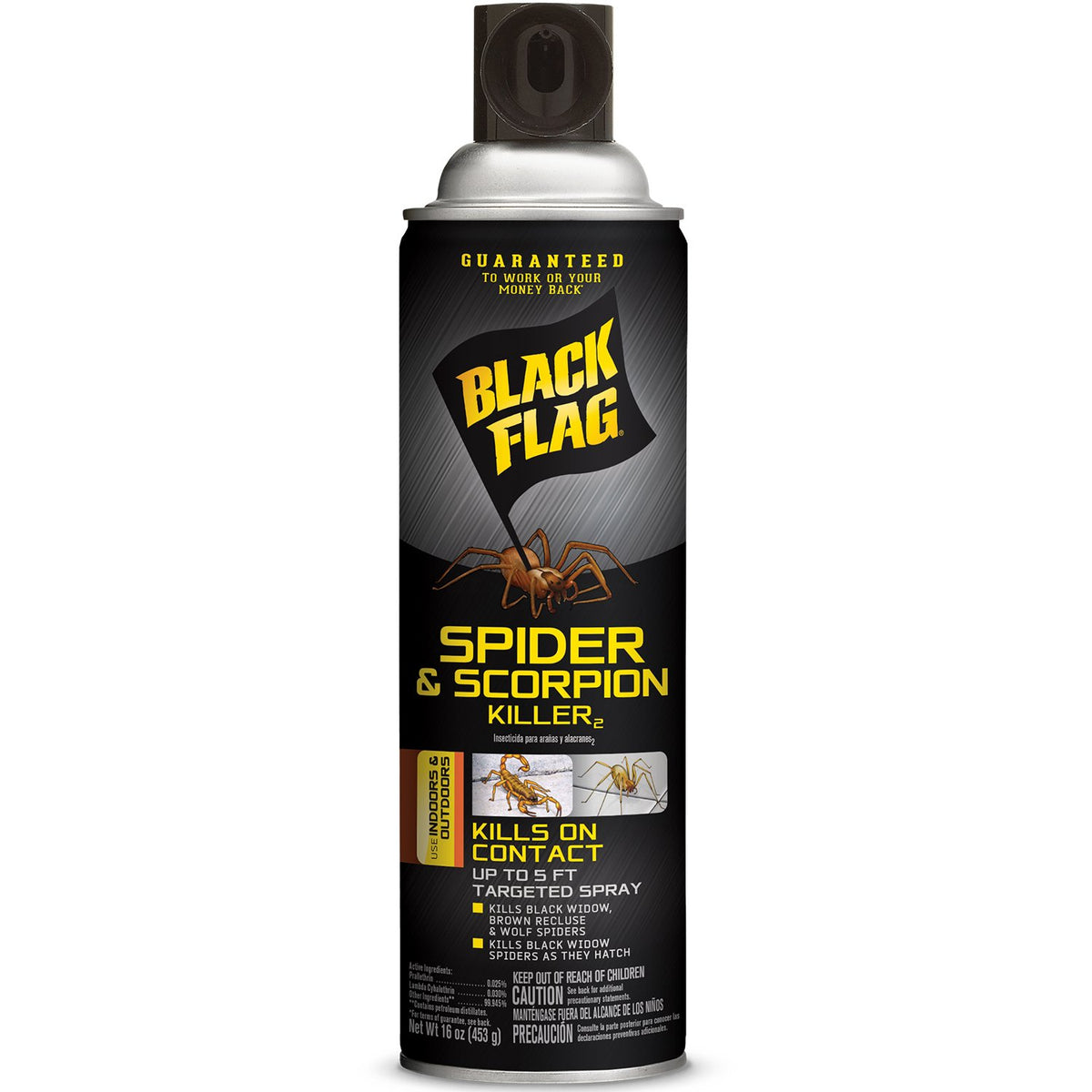 Black Flag aerosol frontal mostrando etiqueta y beneficio de acción rápida