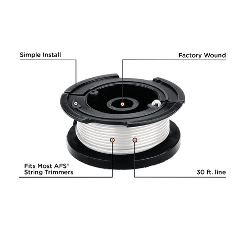 BLACK+DECKER etiqueta con especificaciones 0.065 pulg y 30 ft para identificación rápida