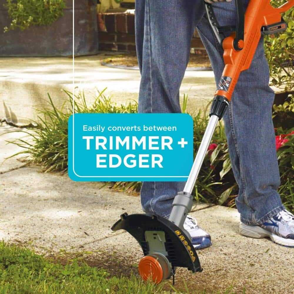 BLACK+DECKER uso en jardín mostrando césped recortado y bordes definidos