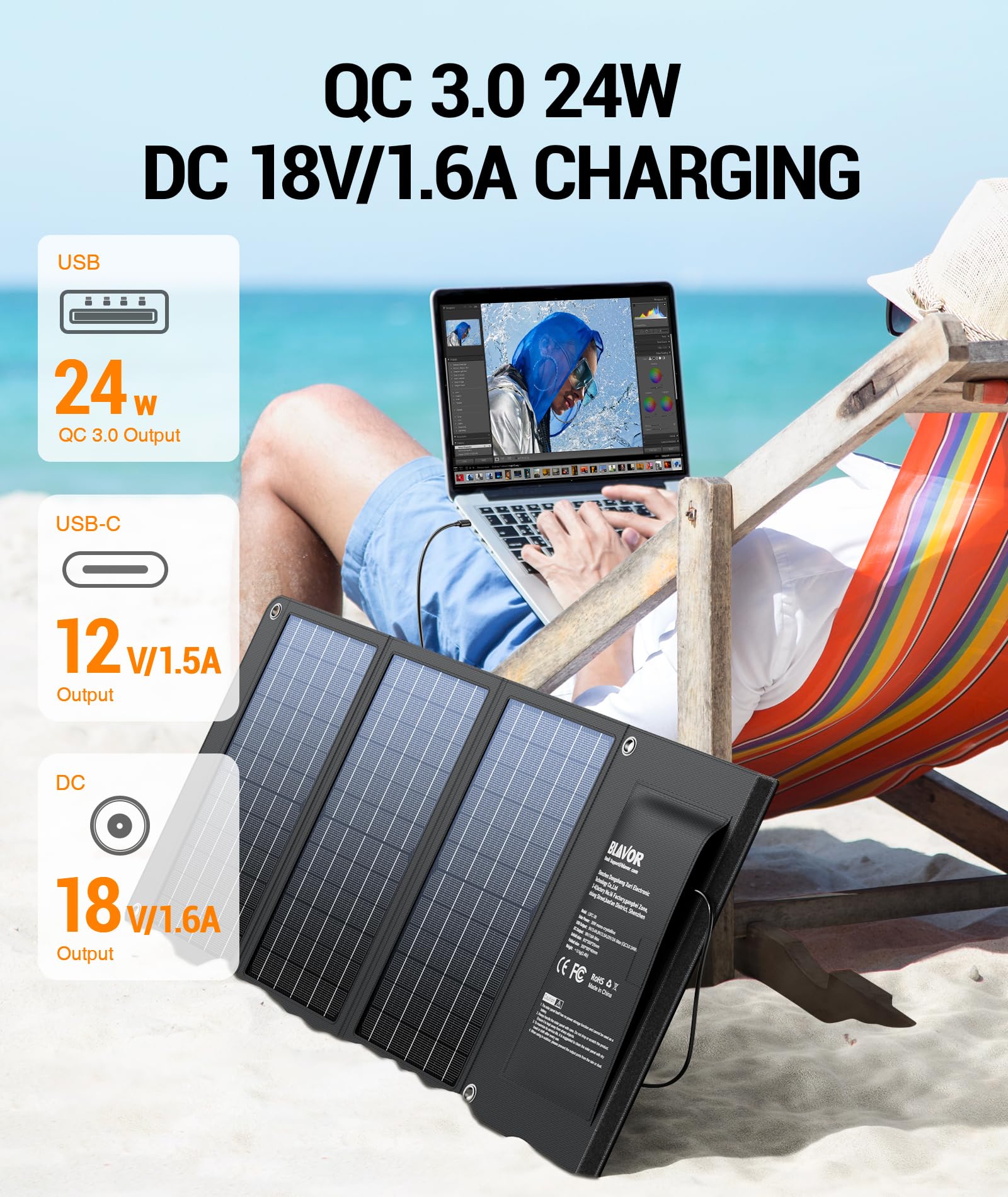 BLAVOR puertos USB y DC visibles, recarga versátil de dispositivos