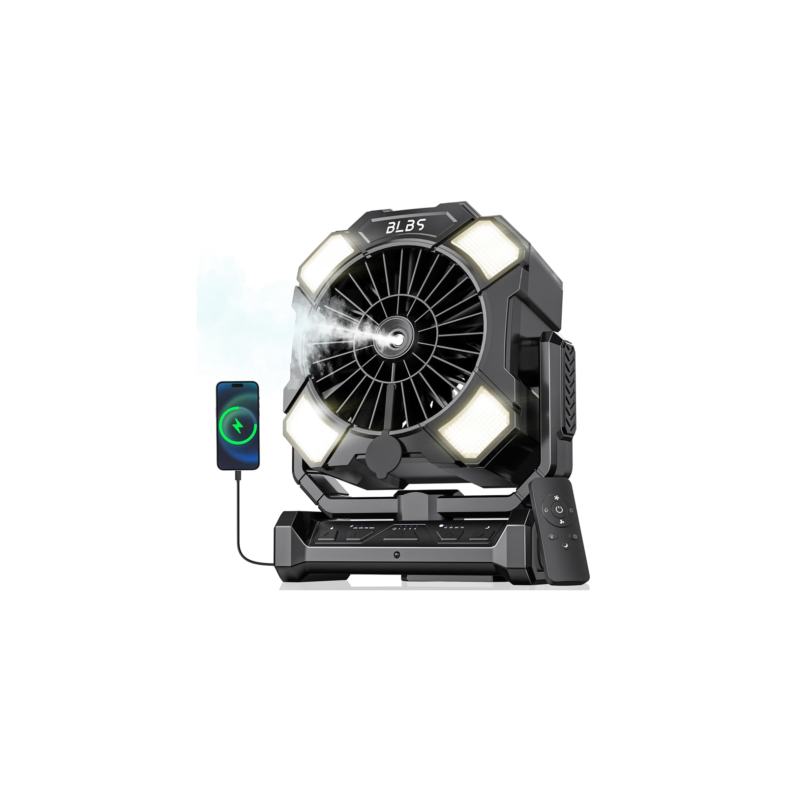 BLBS vista frontal del ventilador mostrando diseño y controles, ideal para camping