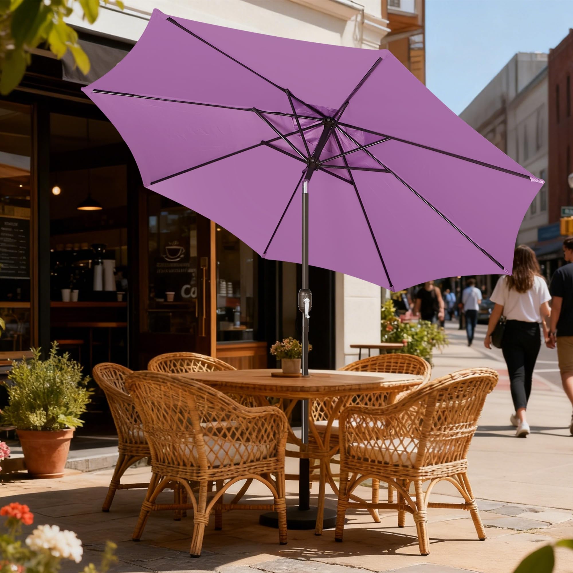 Blissun ambiente en terraza de café ilustrando uso comercial y estilo